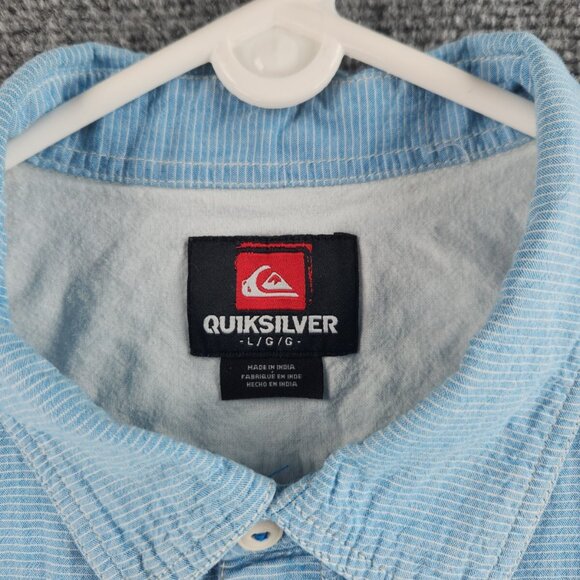 Quiksilver Button Up Shirt Men Short Sleeve Blue Striped Large Cotton Woven - Picture 10 of 15